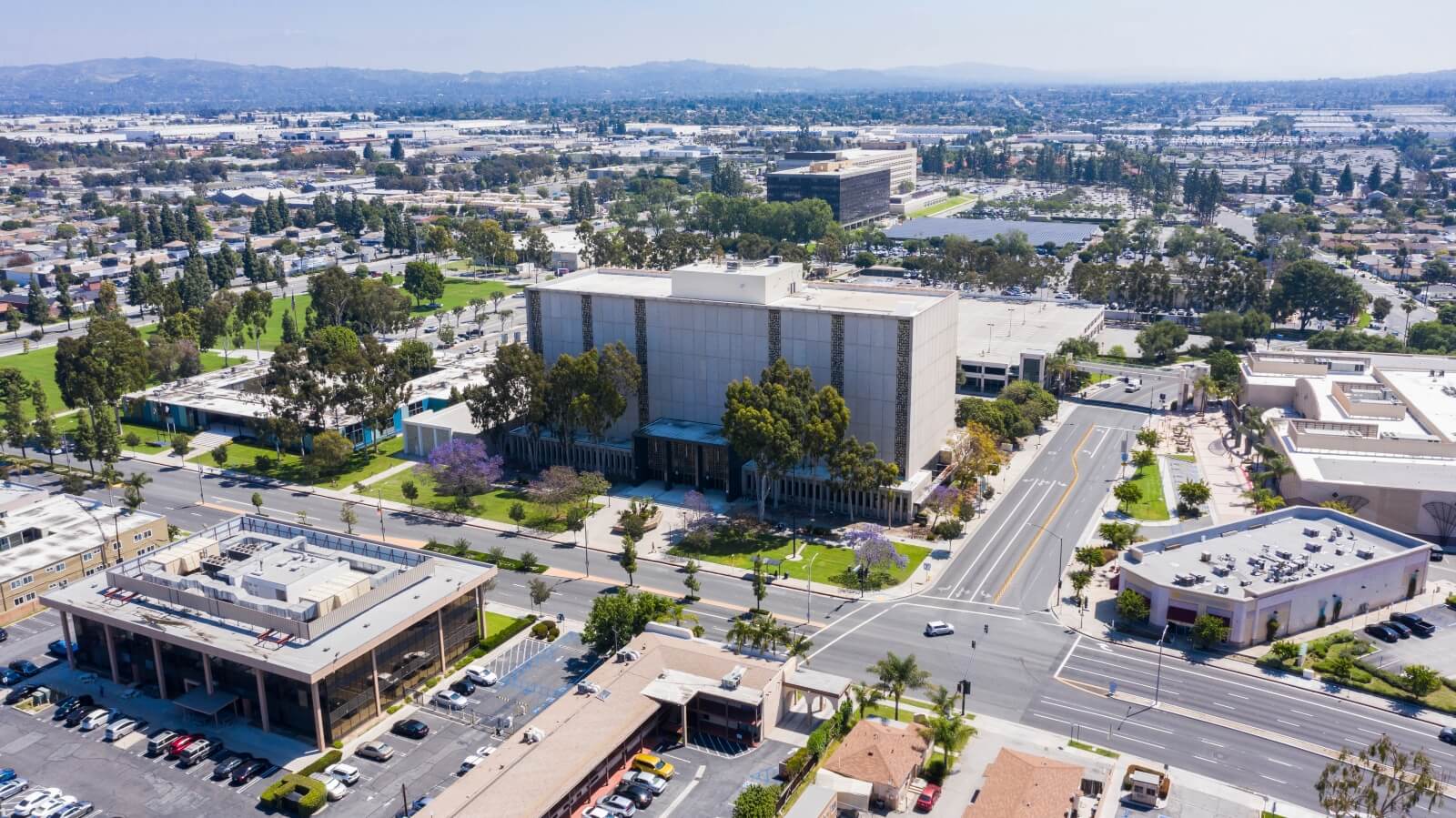Aerial view of norwalk california businesses serviced by preventive pest control