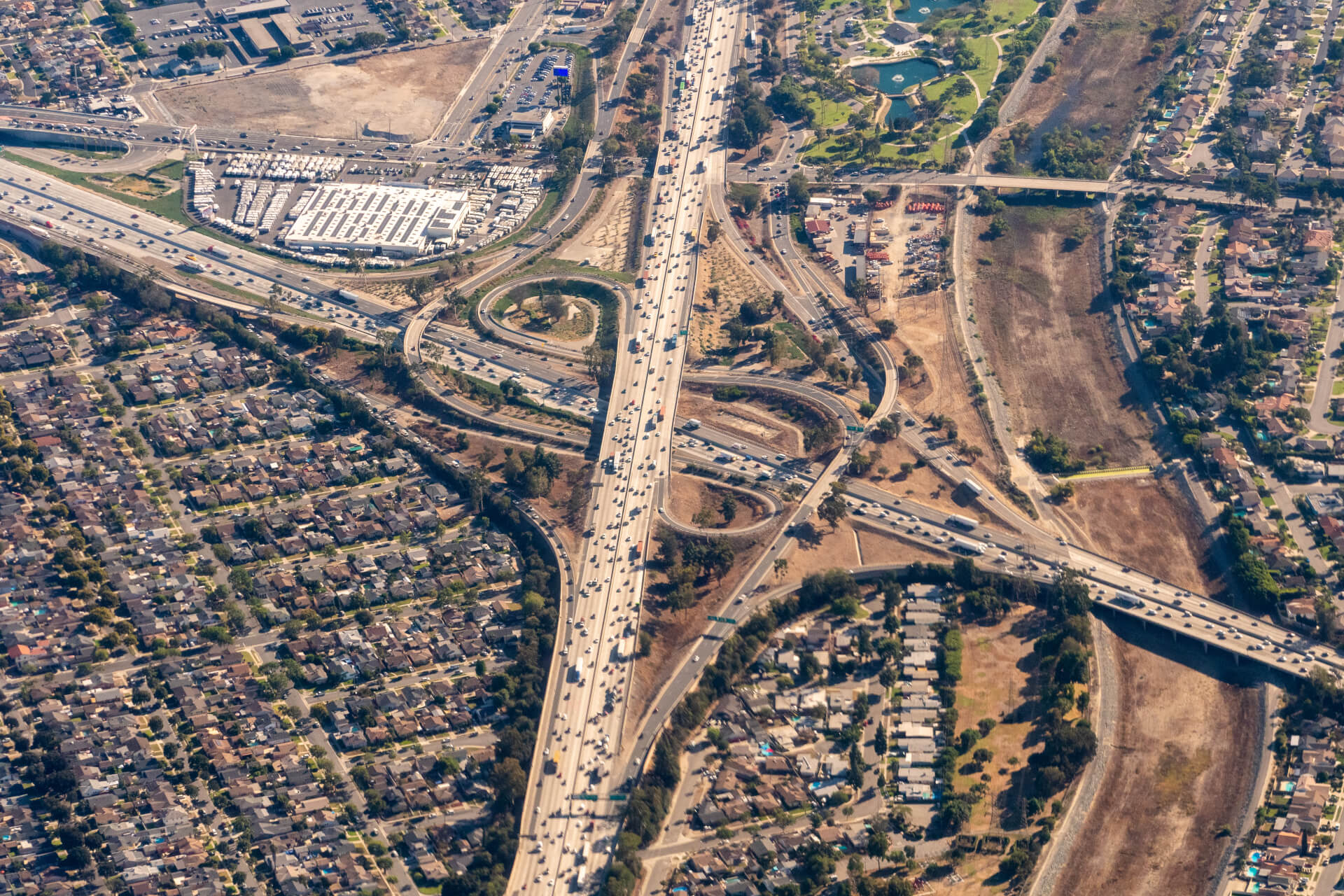 Aerial view of Santa Fe Springs homes and businesses serviced by Preventive Pest Control