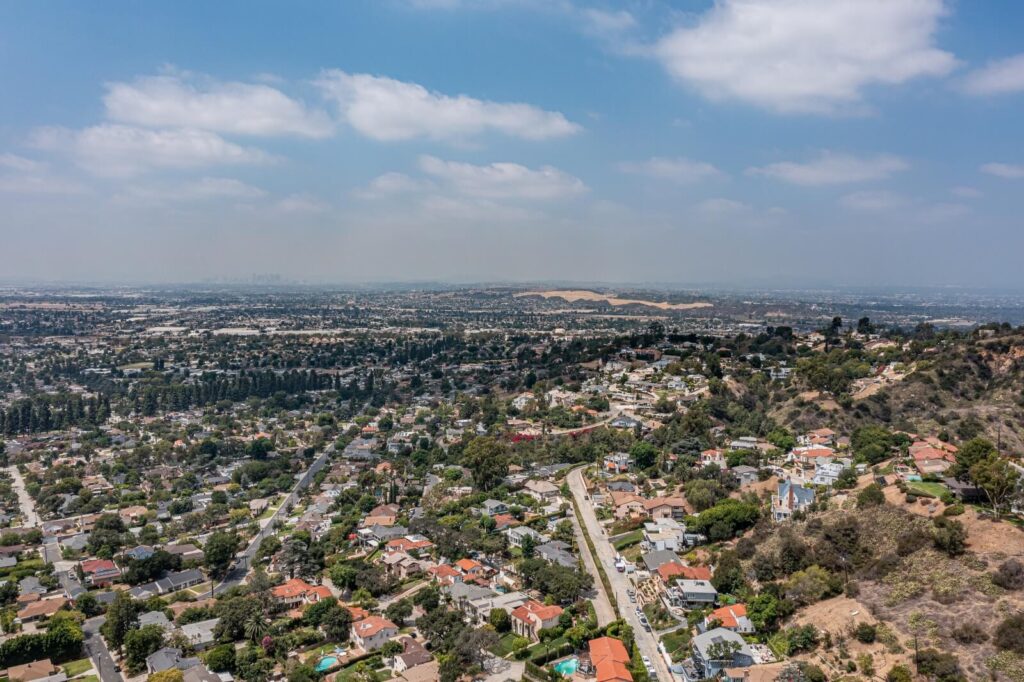 Aerial view of whittier california homes serviced by preventive pest control